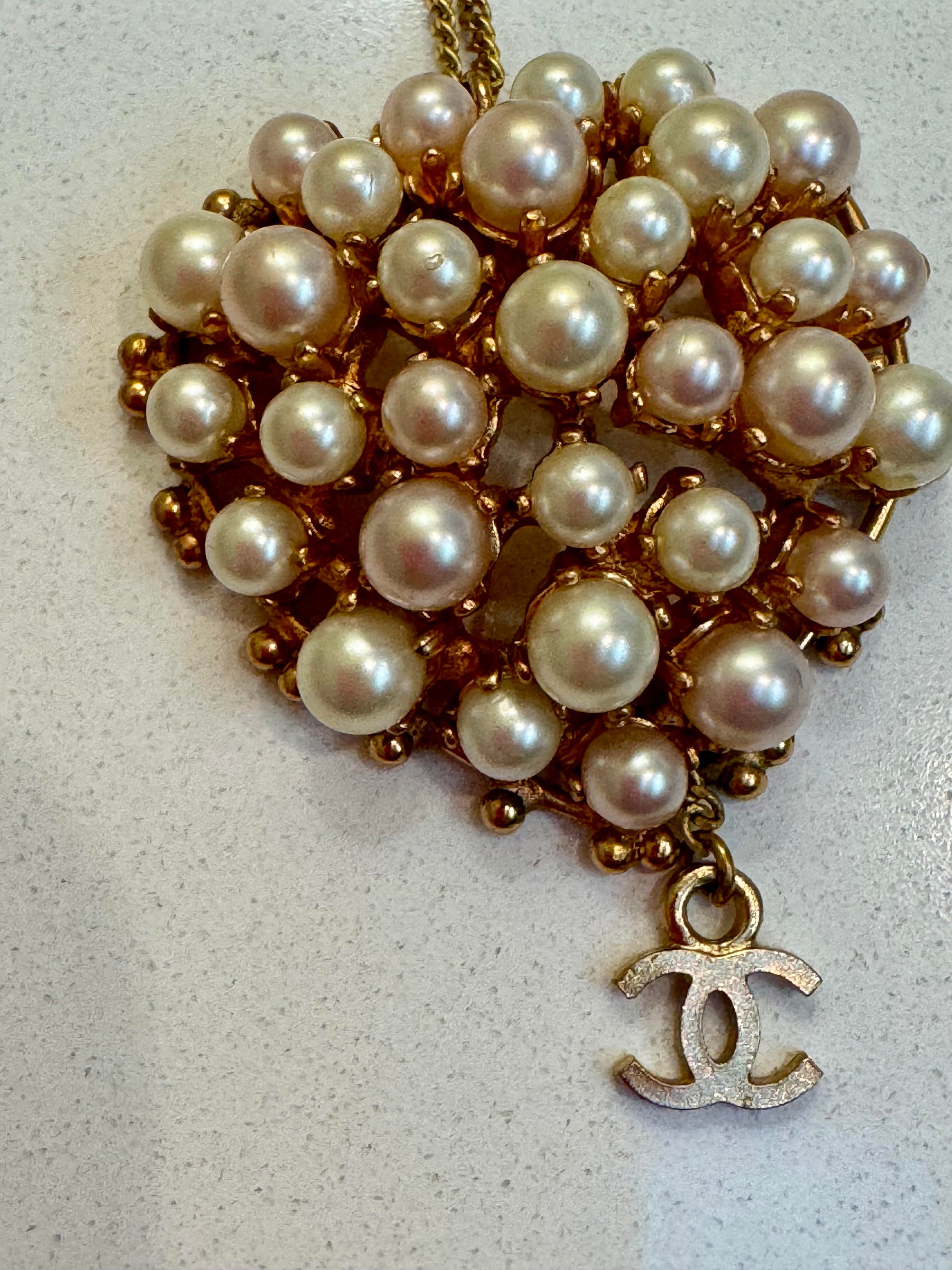 Vintage Chanel Faux Pearl Heart Pendant Necklace