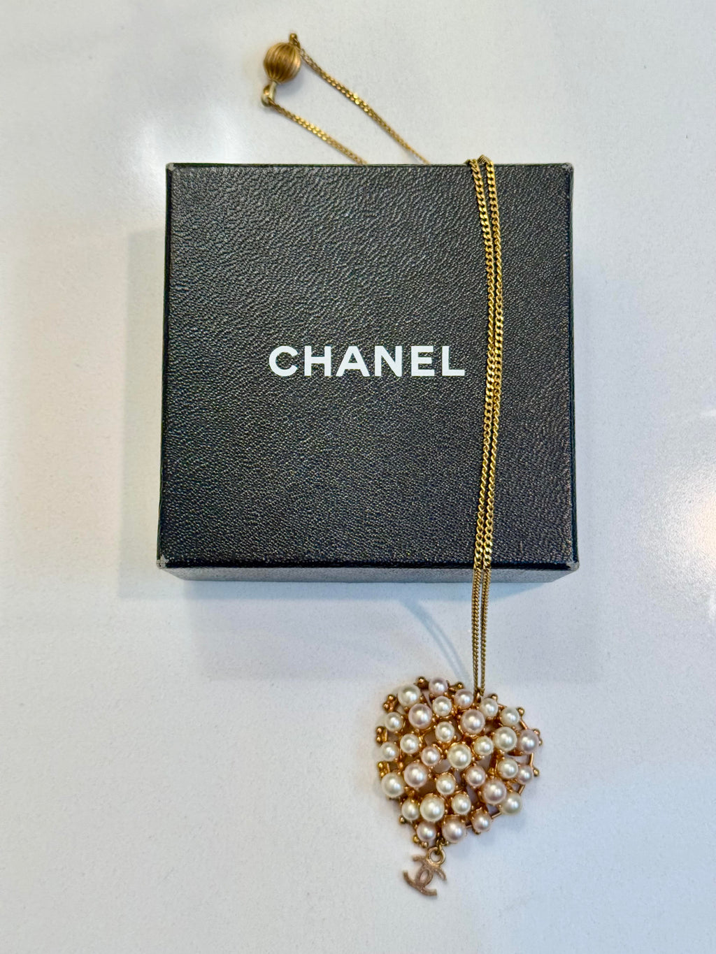 Vintage Chanel Faux Pearl Heart Pendant Necklace
