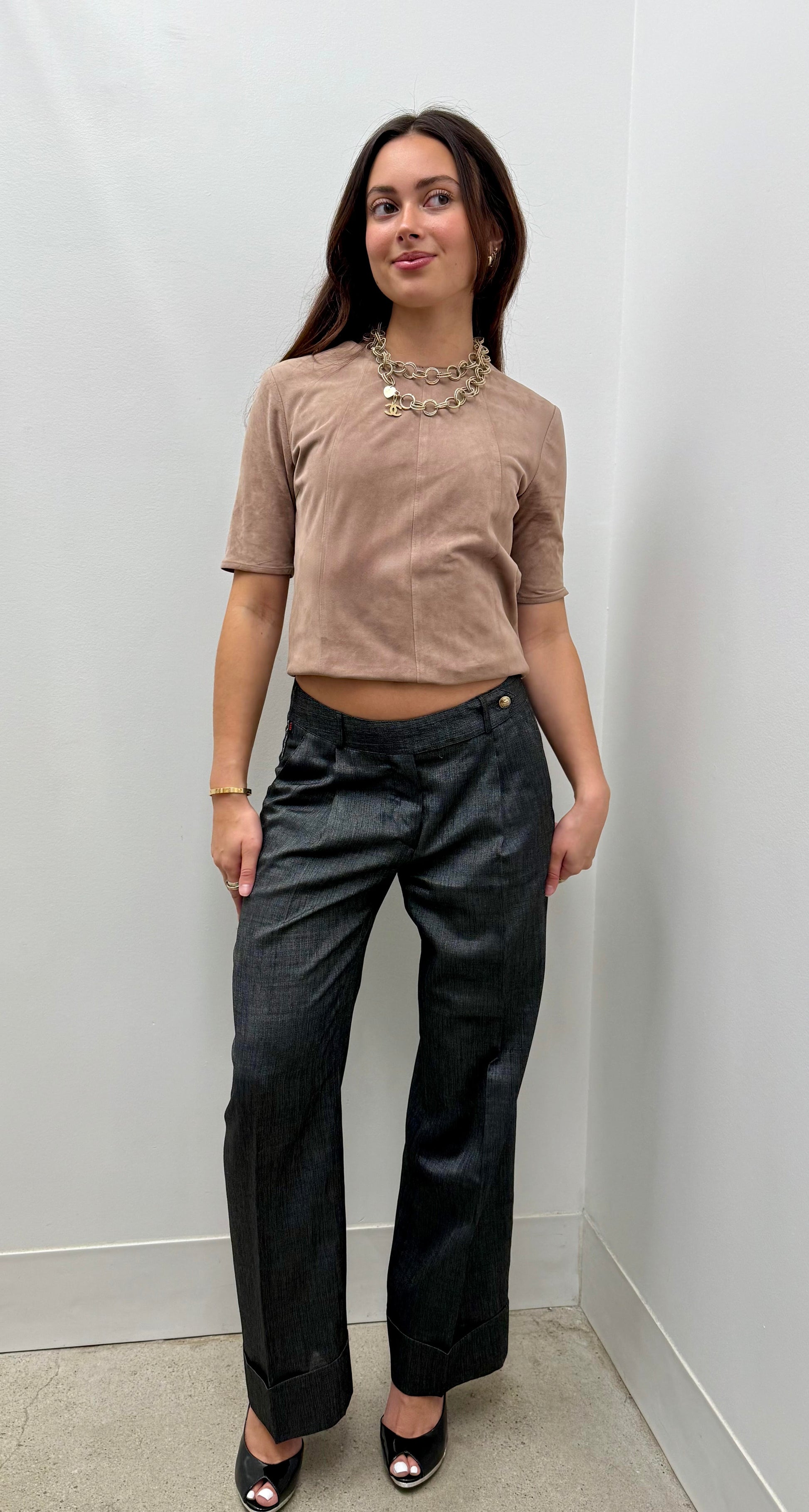 Balenciaga Charcoal Silk Cuffed Wide Leg Pants