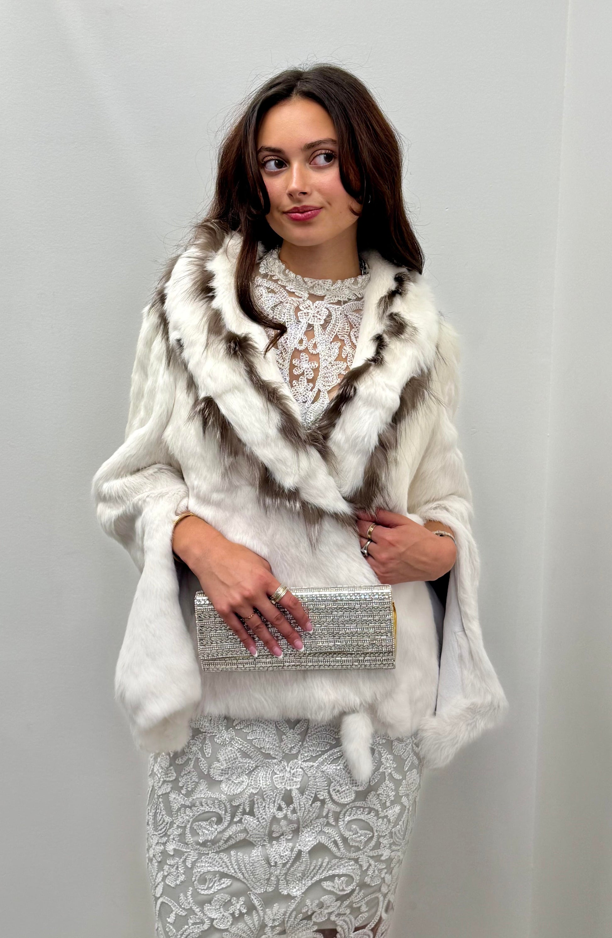 White Rabbit Fur Jacket with Natural Fox Fur Accents