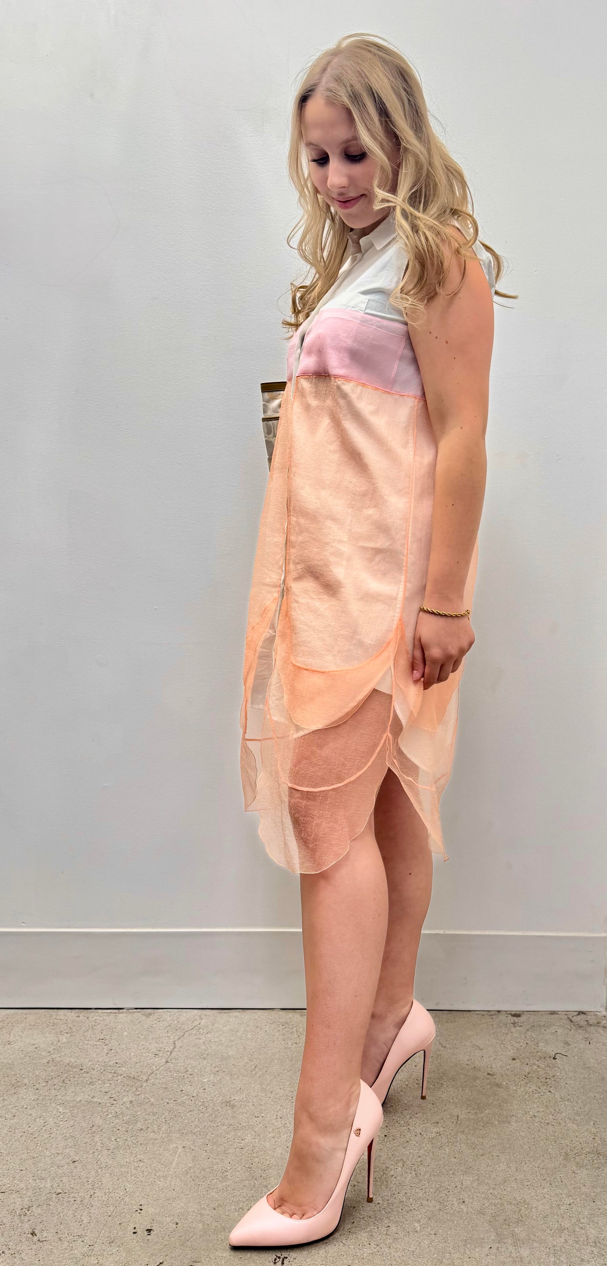 Prada Layered Silk-Organza Sleeveless Midi Dress in Blush Pink and Peach