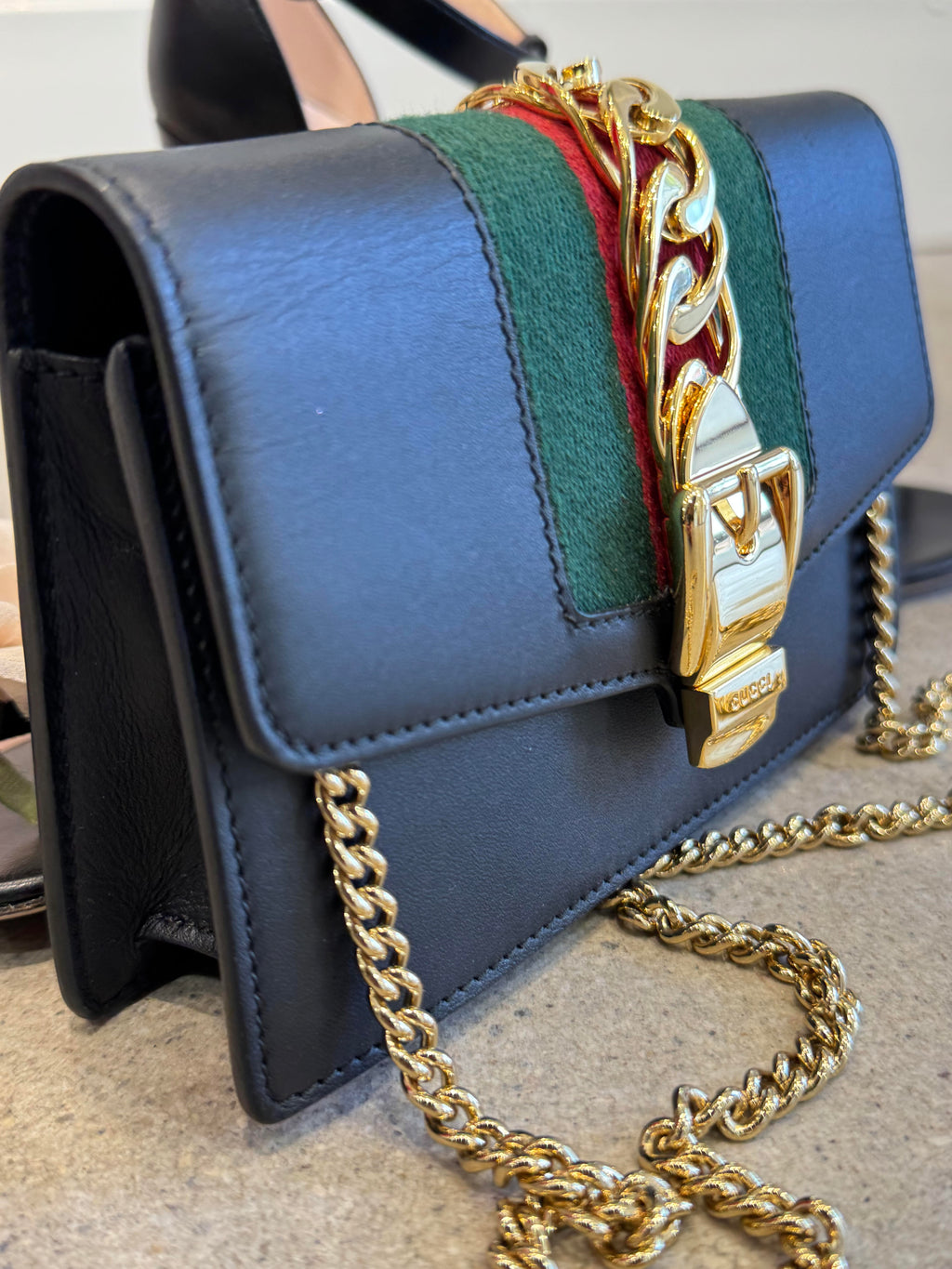Gucci Sylvie Super Mini Chain Shoulder Bag Black Calfskin Gold Hardware