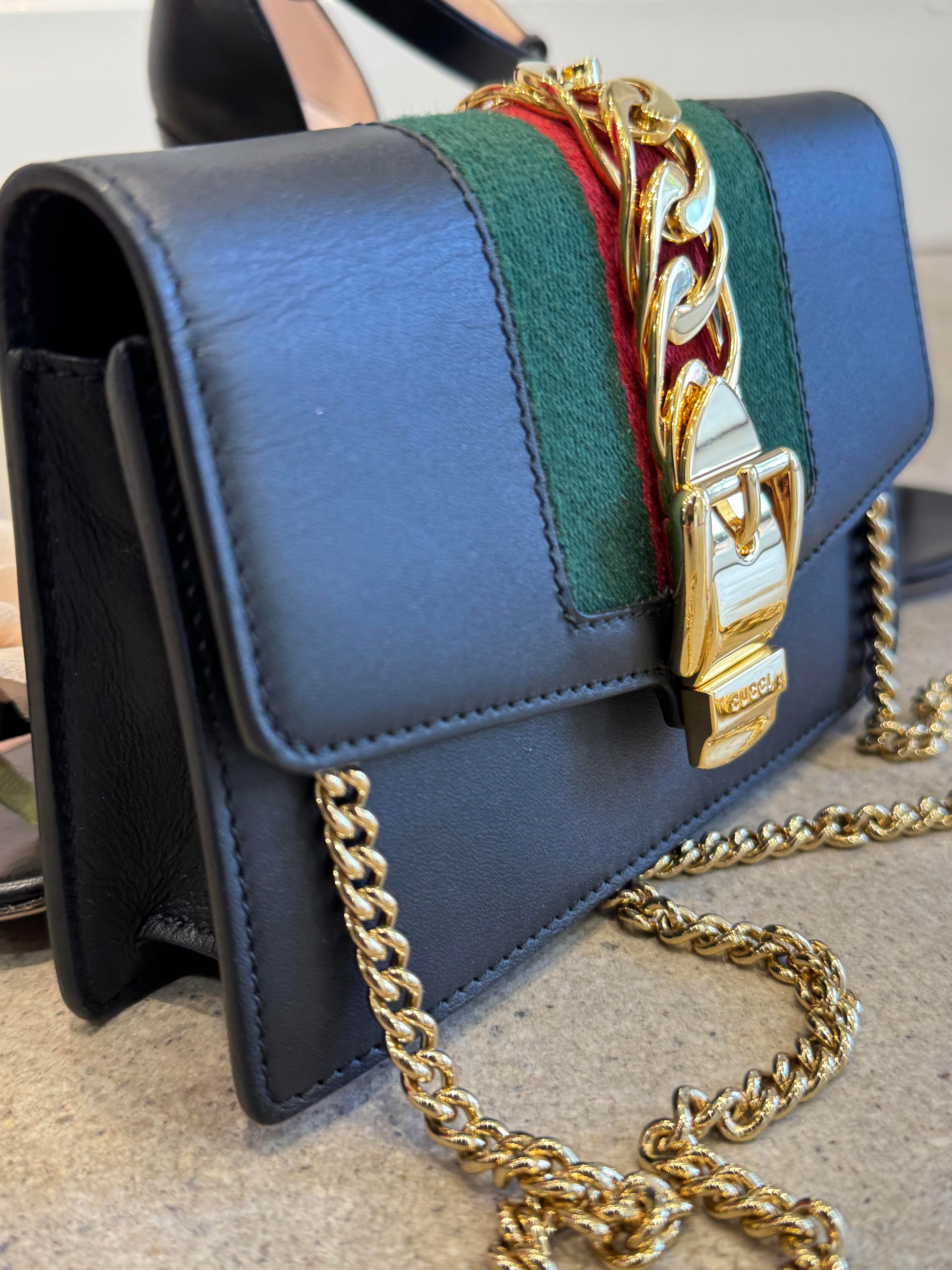 Gucci Sylvie Super Mini Chain Shoulder Bag Black Calfskin Gold Hardware