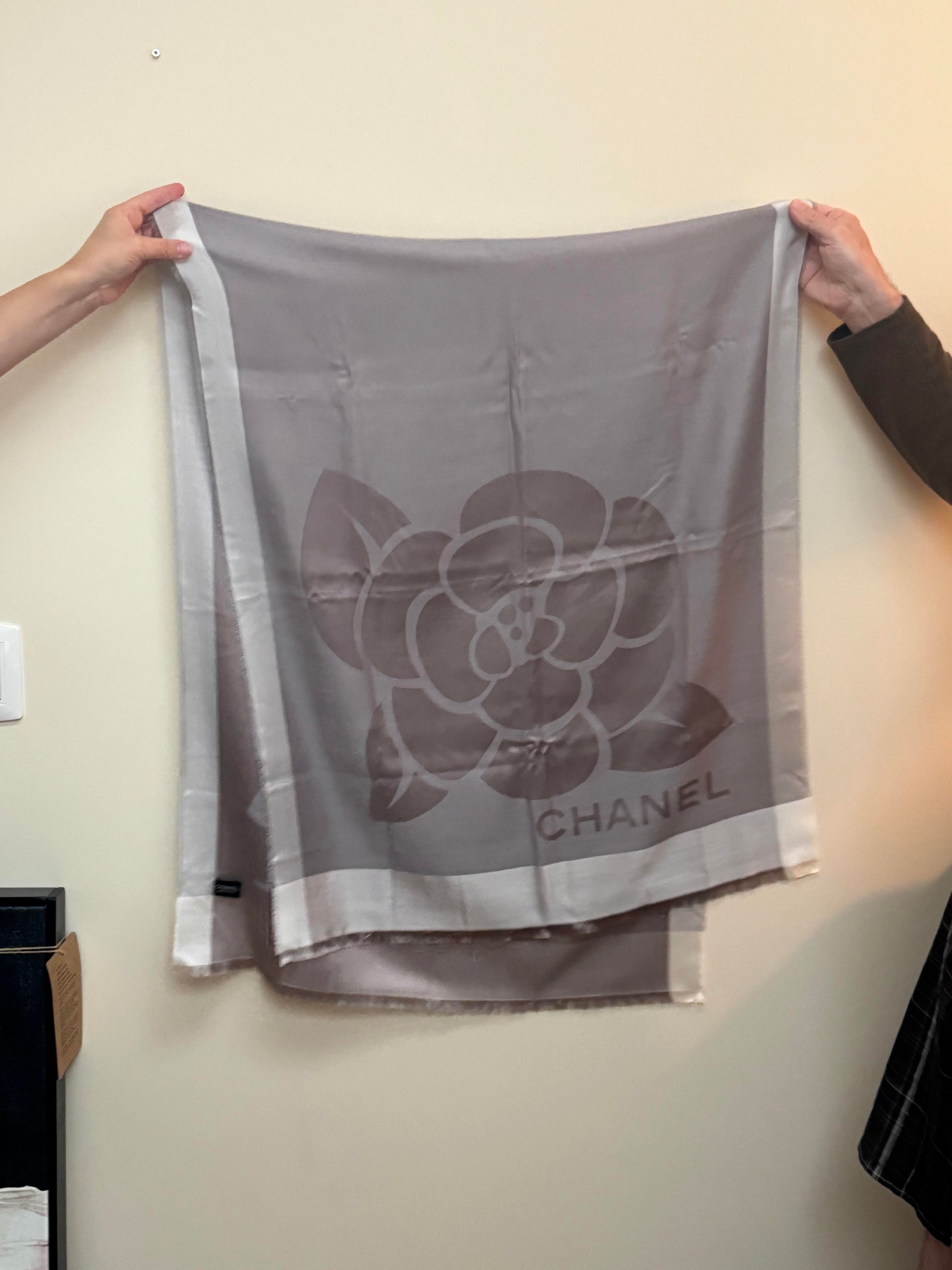 Chanel Grey Camellia Flower Silk Scarf