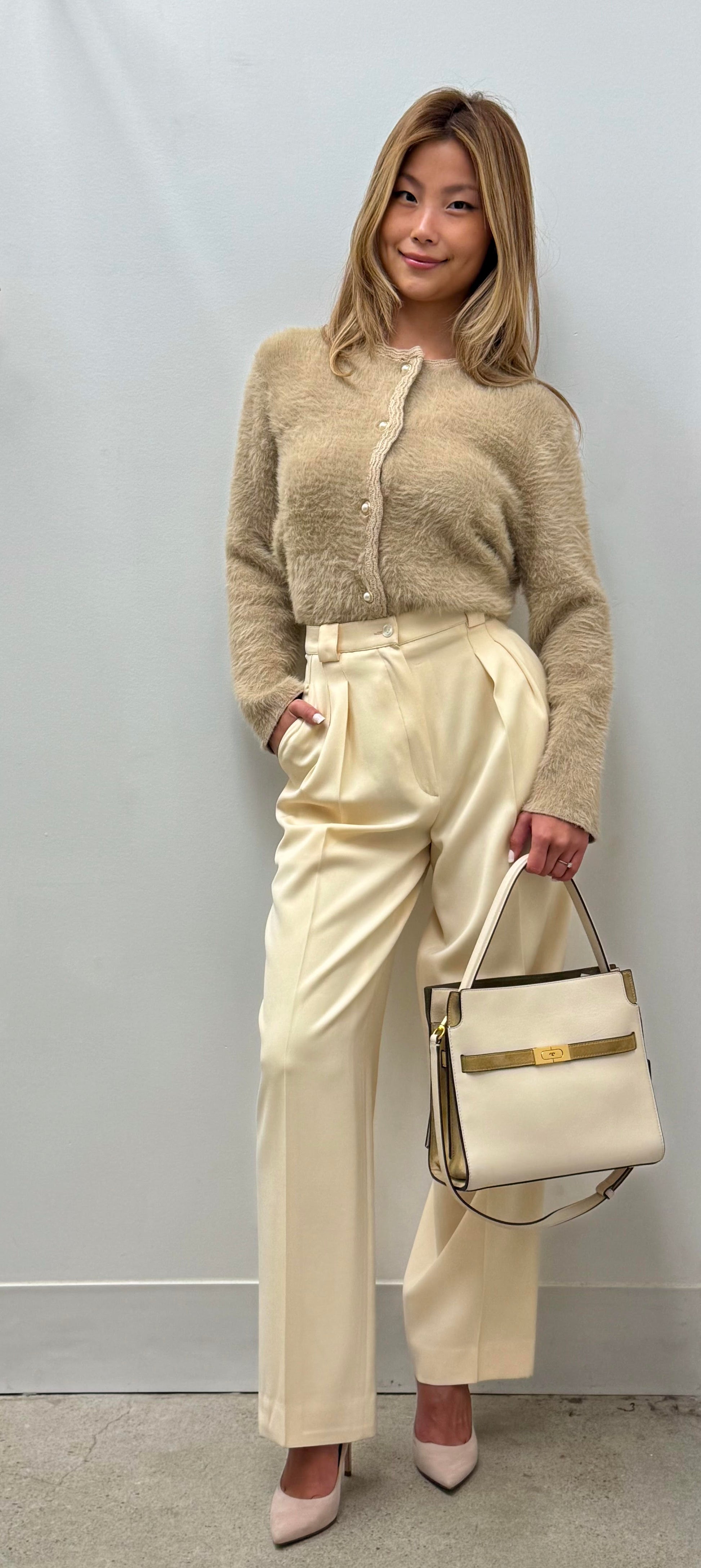 Tory Burch Lee Radziwill Small Double Bag Cream Leather with Suede Gussets