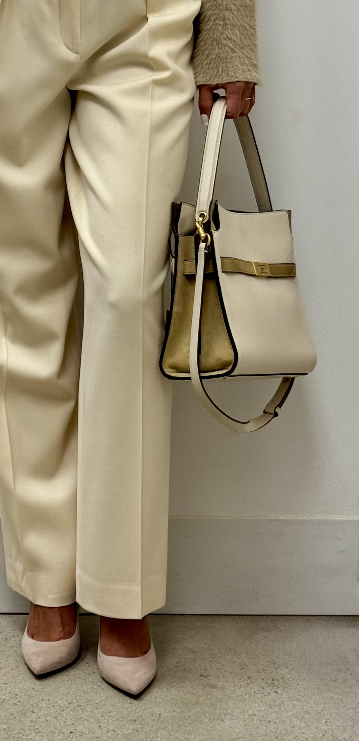 Tory Burch Lee Radziwill Small Double Bag Cream Leather with Suede Gussets
