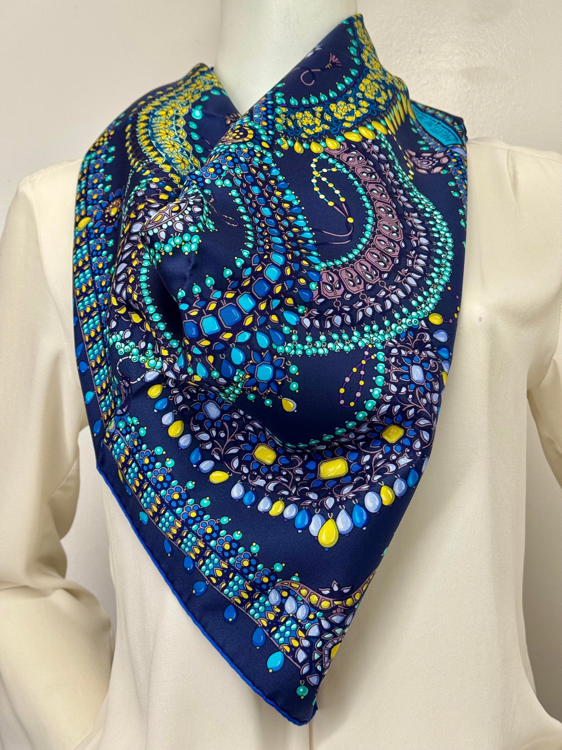 Hermès Parures des Maharajas Blue Silk Scarf