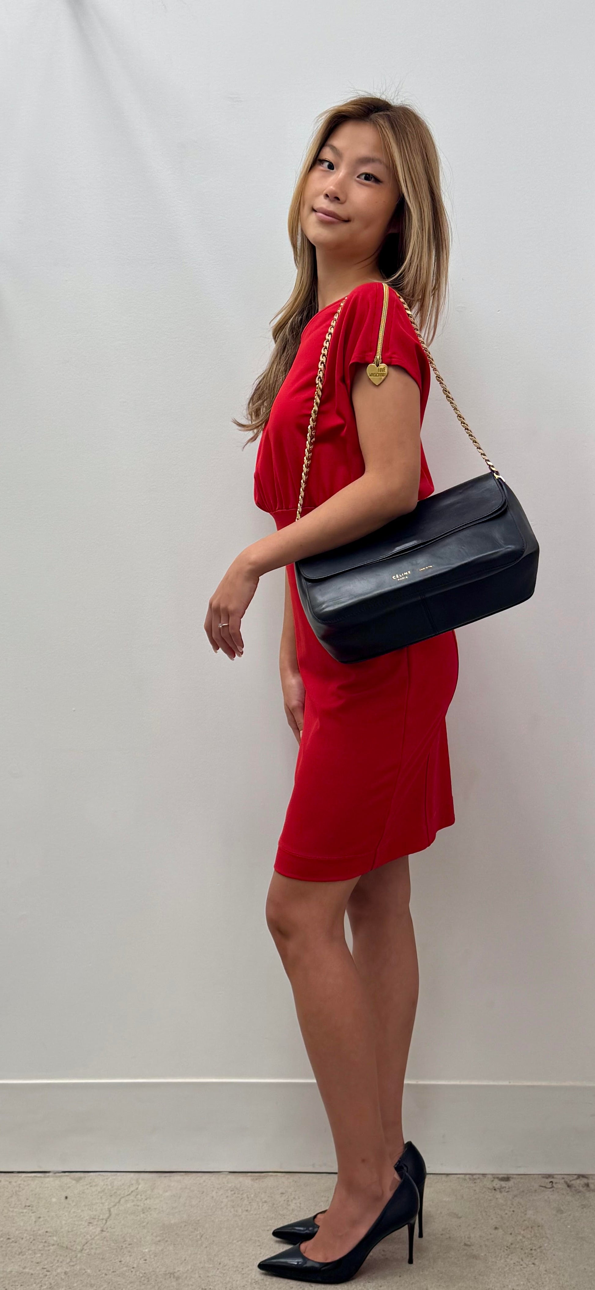 Céline Vintage Chain Flap Shoulder Bag in Black Calfskin
